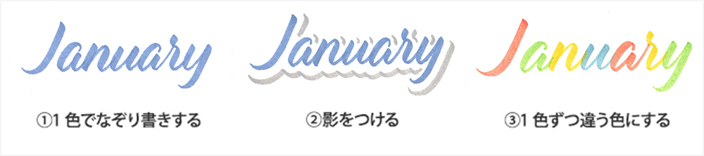 ① 1色でなぞり書きする ②影をつける ③1色ずつ違う色にする