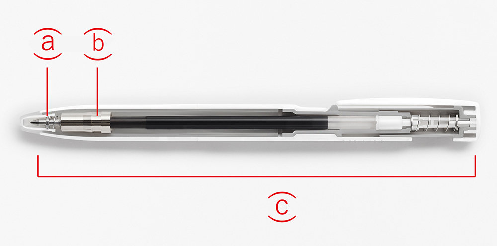 （a）ペン先のブレを防ぐの先端の内部構造、（b）金属製のオモリを内蔵したグリップ、（c）パーツごとの隙間がないペン内部